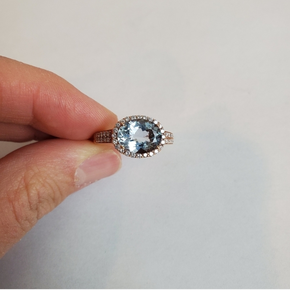 LEVIAN Aquamarine and Diamonds 14K Rose Gold Ring - Vintage Retro Size 8.25 - Picture 5 of 7